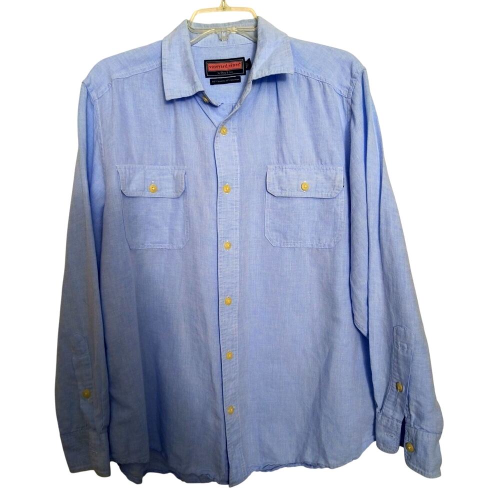 Vineyard Vines Linen Cotton Blend Button Up Shirt Men's Size L Blue Long Sleeve